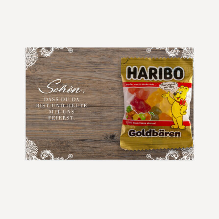 Gastgeschenk Mini Klappkarte "Holz und Spitze" Schön, dass Du da bist!
