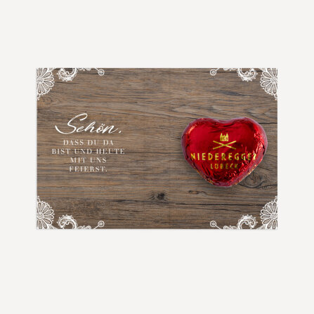 Gastgeschenk Mini Klappkarte "Holz und Spitze" Schön, dass Du da bist!