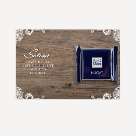 Gastgeschenk Mini Klappkarte "Holz und Spitze" Schön, dass Du da bist!