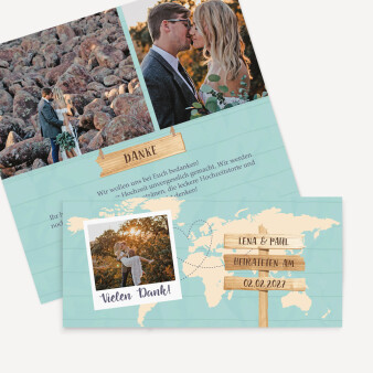 Danksagung Hochzeit "Weltkarte Reise ins Glück"