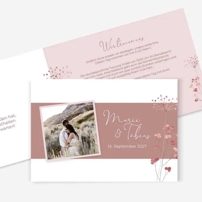 Hochzeitseinladung Klappkarte quer "Trockenblumen...