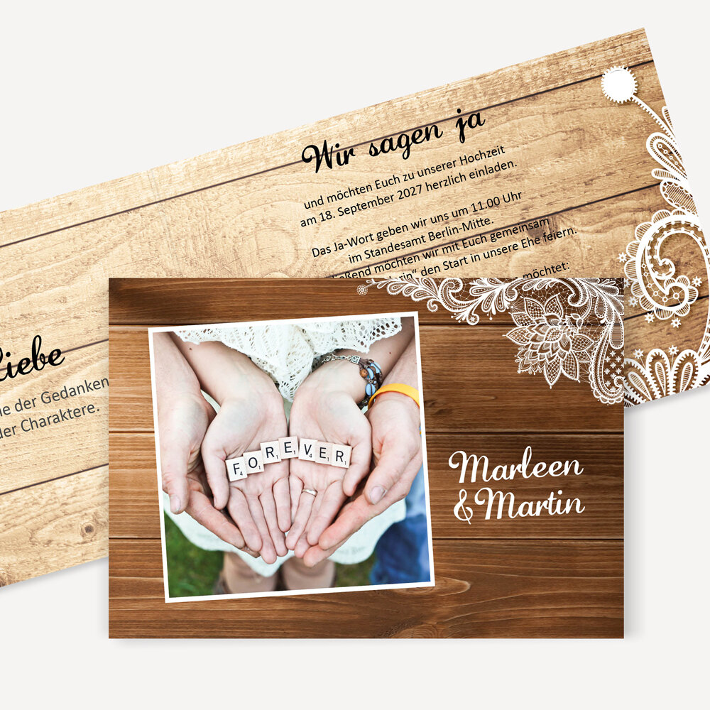 Hochzeitseinladung Klappkarte quer "Wood Style"