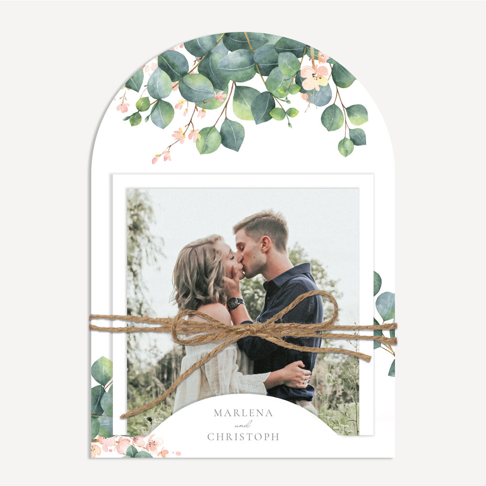 Hochzeitseinladung halbrund "Eukalyptus Ranken"
