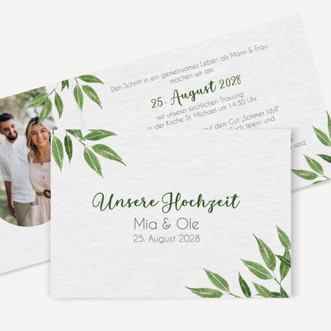 Hochzeitseinladung Klappkarte quer "Grüne Blätter"