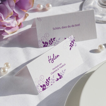 Tischkarte Hochzeit lila Ranken inkl. Namensdruck