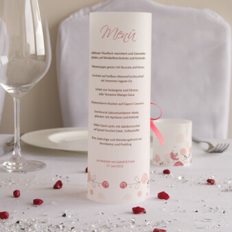 Menükarte Hochzeit Windlicht Happiness Rosé durch Grafiker gestaltet, inkl. Maxi Teelicht