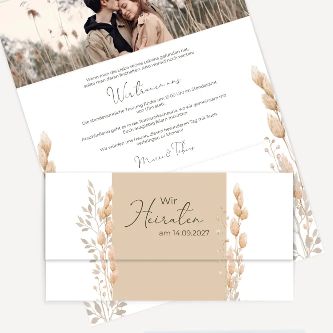 Hochzeitseinladung Wickelfalz lang "Trockengras"