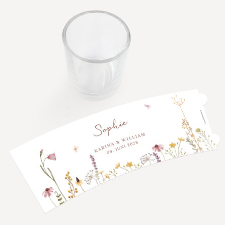 Tischkarte Windlicht "Wildromantische Blüten" inkl. Glas & Personalisierung