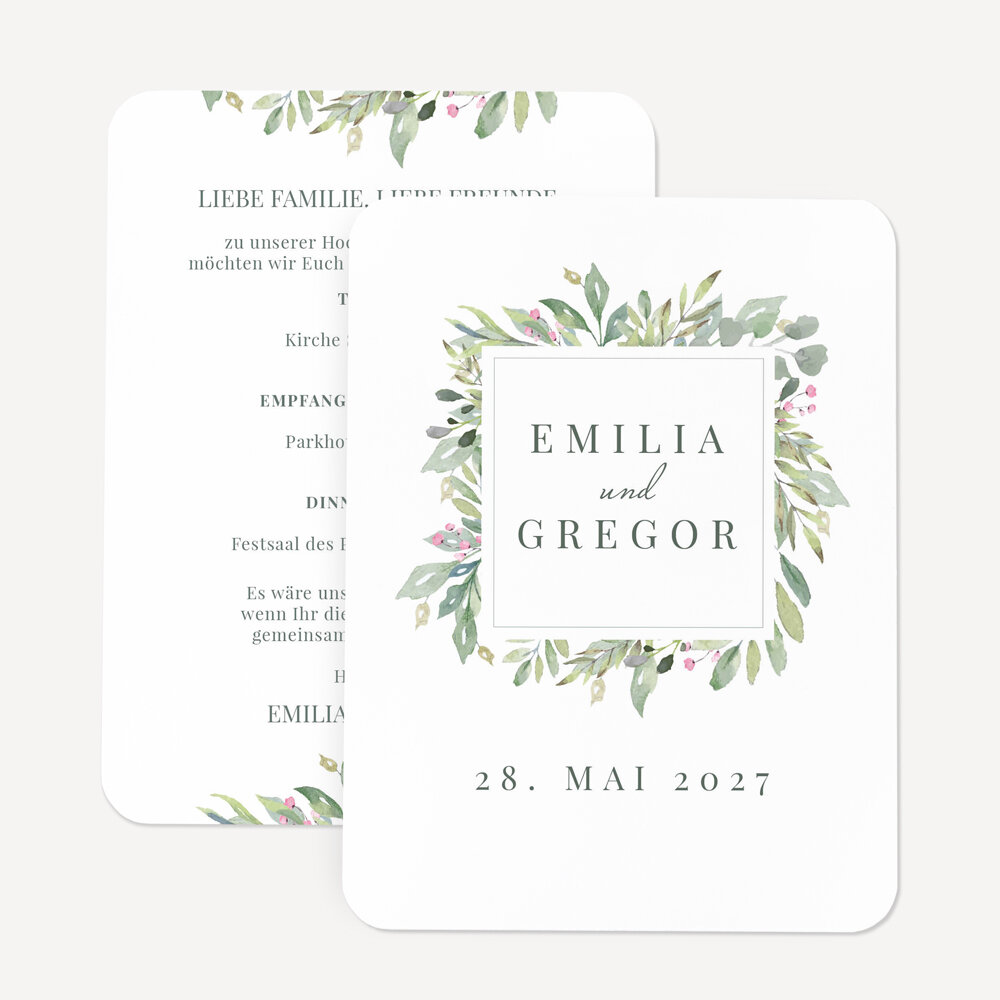 Hochzeitseinladung runde Ecken "Green Romance"
