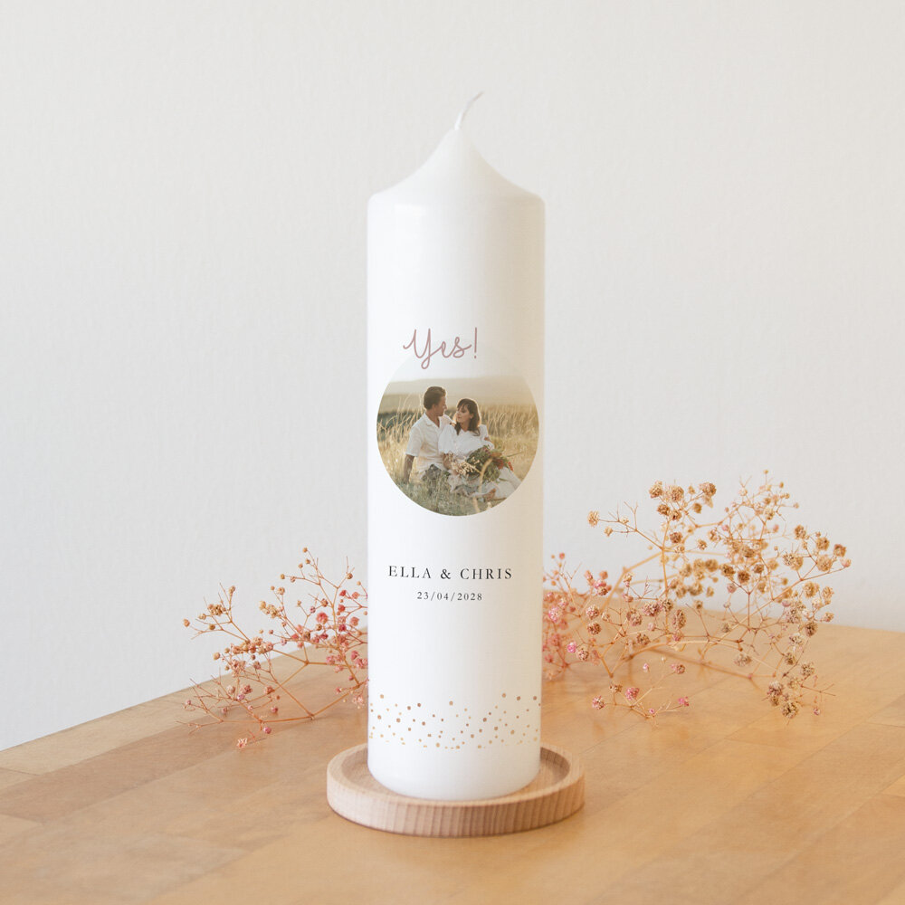 Hochzeitskerze Roségold Sparkles mit Foto