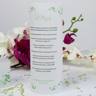Menükarte Hochzeit Windlicht Herzranken Grün durch Grafiker gestaltet, inkl. Maxi Teelicht