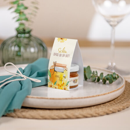 Geschenktäschchen mit Blütenhonig "Honigliebe" Schön, dass Du da bist!