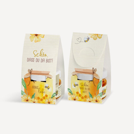 Geschenktäschchen mit Blütenhonig "Honigliebe" Schön, dass Du da bist!