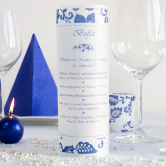Menükarte Hochzeit Windlicht Royal  Blau durch Grafiker gestaltet, inkl. Maxi Teelicht