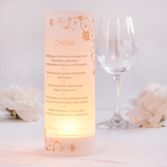 Menükarte Hochzeit Windlicht Nymphea online selbst gestaltet & inkl. Maxi Teelicht