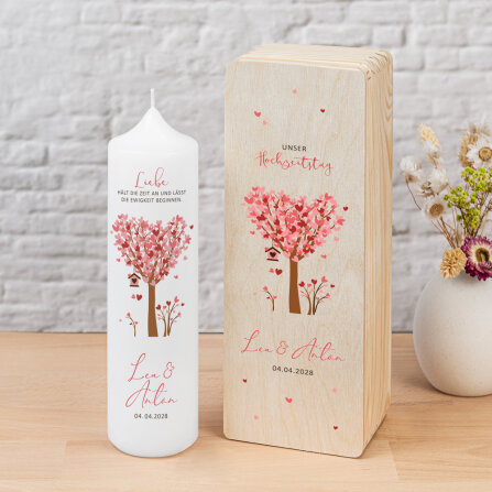 Kerzenbox Holz "Baum Herzen" rosa