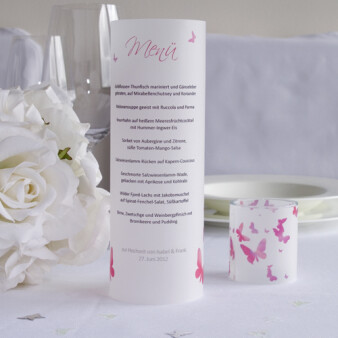 Menükarte Hochzeit Windlicht Schmetterling Pink online selbst gestaltet & inkl. Maxi Teelicht