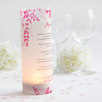 Menükarte Hochzeit Windlicht Pinke Ranken durch Grafiker gestaltet, inkl. Maxi Teelicht