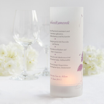 Menükarte Hochzeit Windlicht Modern Flowers lila online selbst gestaltet & inkl. Maxi Teelicht