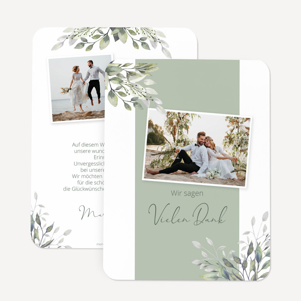 Dankeskarte Hochzeit runde Ecken "Blätter Salbei"