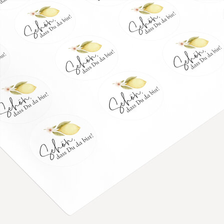 40 x Aufkleber Hochzeit rund "Lemon" 3 cm Schön, dass Du da bist!