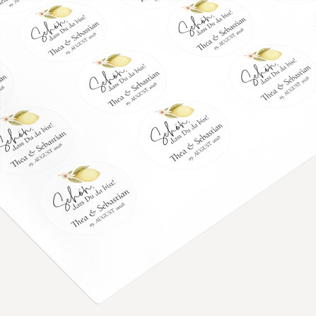 40 x Aufkleber Hochzeit rund "Lemon" 3 cm Schön, dass Du da bist!