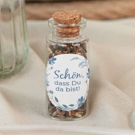 Gastgeschenk Mini Glasröhrchen mit Aufkleber "Blütenkranz blau"