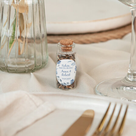Gastgeschenk Mini Glasröhrchen mit Aufkleber "Blütenkranz blau"