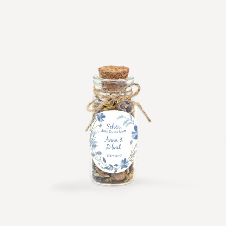Gastgeschenk Mini Glasröhrchen mit Aufkleber "Blütenkranz blau"