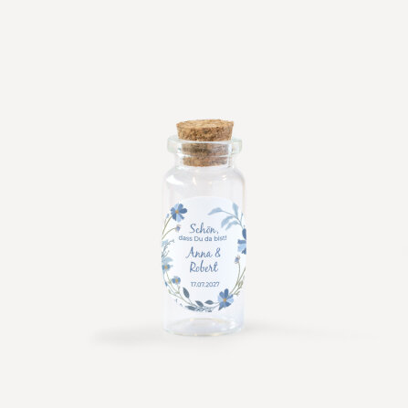 Gastgeschenk Mini Glasröhrchen mit Aufkleber "Blütenkranz blau"