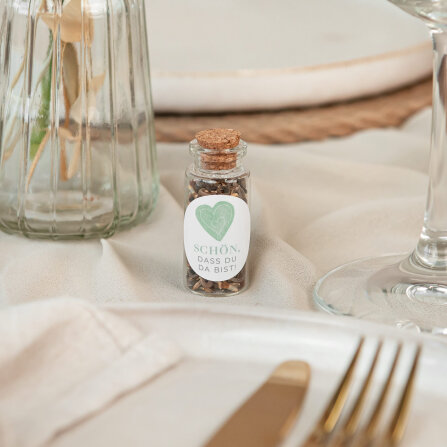 Gastgeschenk Mini Glasröhrchen mit Aufkleber "Herz"