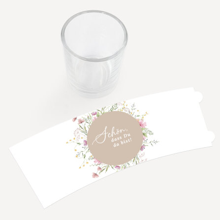 Tischkarte Windlicht "Blooming Romance" inkl. Glas Schön, dass Du da bist!
