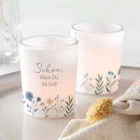 Tischkarte Windlicht "Blaue Blüten" inkl. Glas Schön, dass Du da bist!