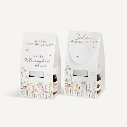 Geschenktäschchen mit Erdbeer Konfitüre "Wildromantische Blüten" Eine süße Kleinigkeit