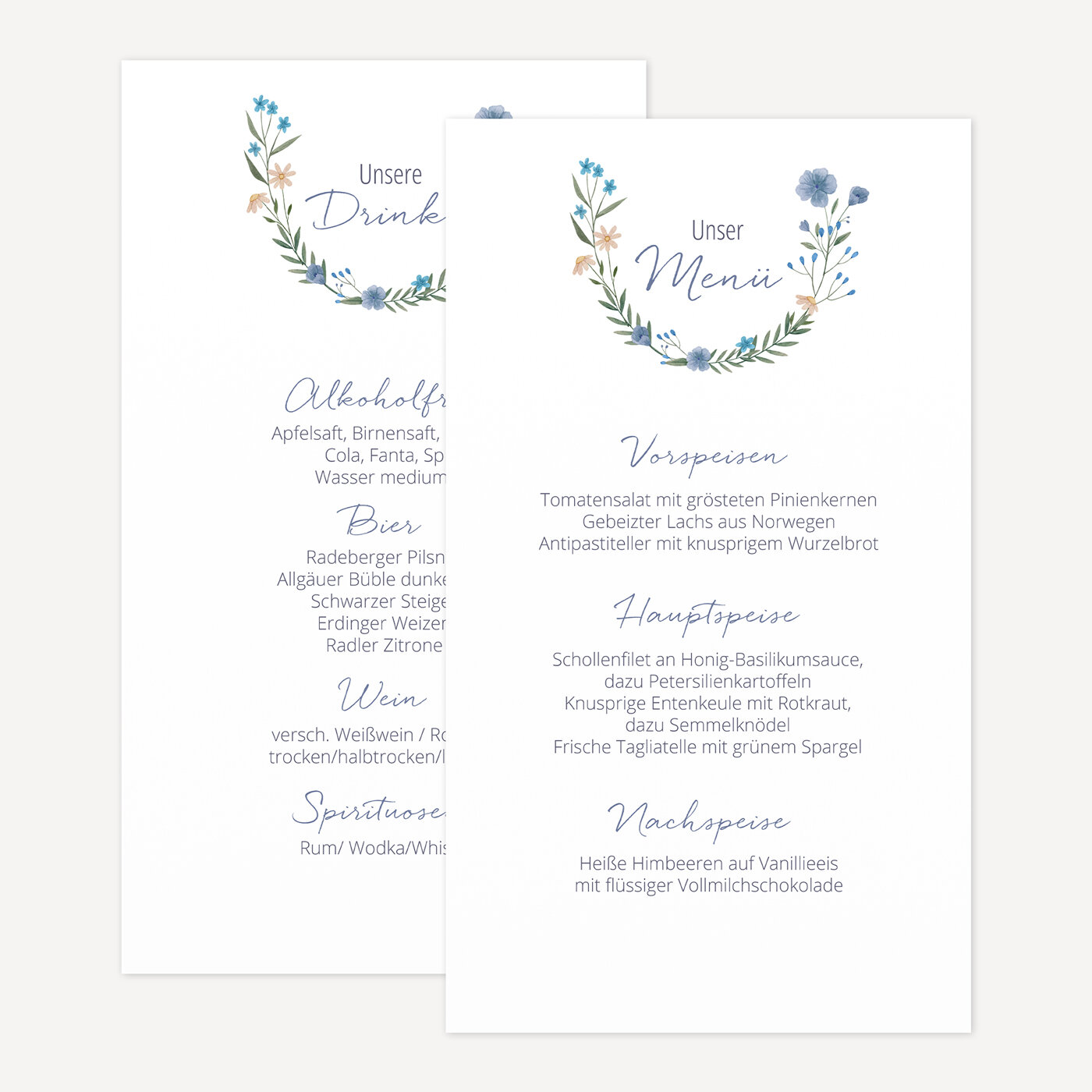 Menükarte Hochzeit "Blaue Blüten"