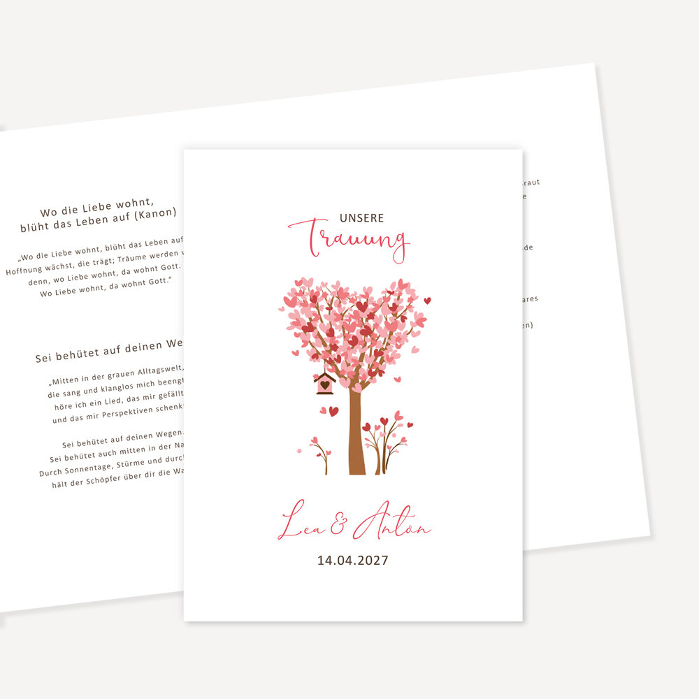 Kirchenheft Hochzeit "Baum Herzen rosa" 4-seitig