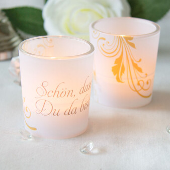 Tischkarte Windlicht Hochzeit Elegance Gold inkl. Glas "Schön, dass Du da bist!"