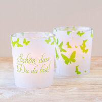 Tischkarte Windlicht Schmetterling grün inkl. Glas - Schön, dass Du da bist!