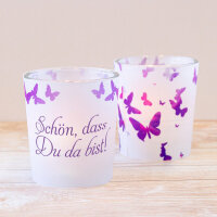 Tischkarte Windlicht Schmetterling lila inkl. Glas - Schön, dass Du da bist!