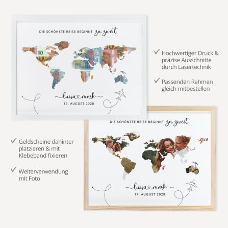 Geldgeschenk Hochzeit Weltkarte Druck DIN A4 inkl. Lasercut