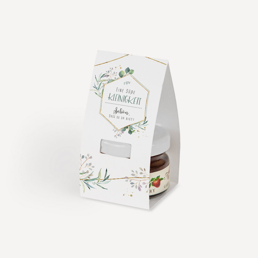 Geschenktäschchen mit Erdbeer Konfitüre "Aquarell Eukalyptus Zweige" Eine süße Kleinigkeit