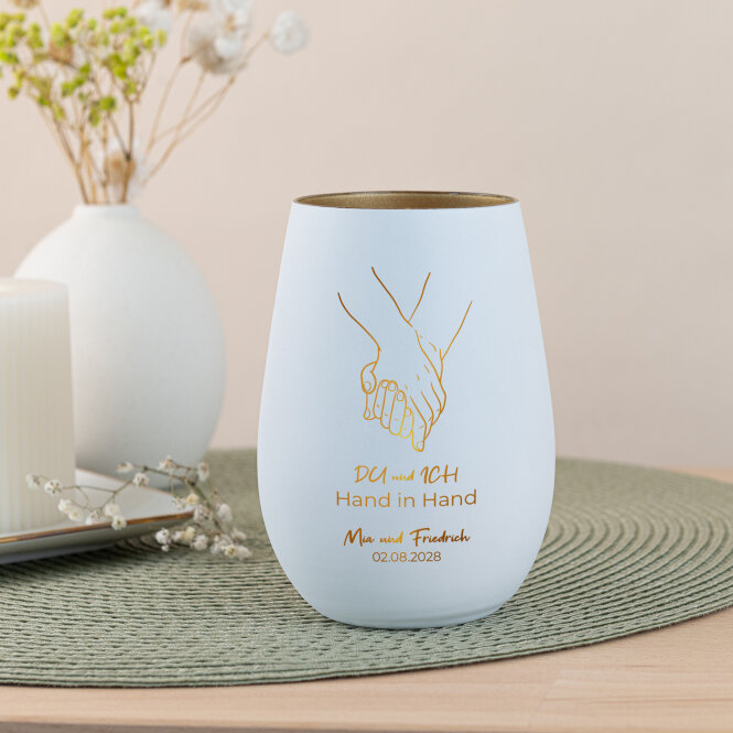 Windlicht Hochzeit mit Gravur "Hand in Hand"