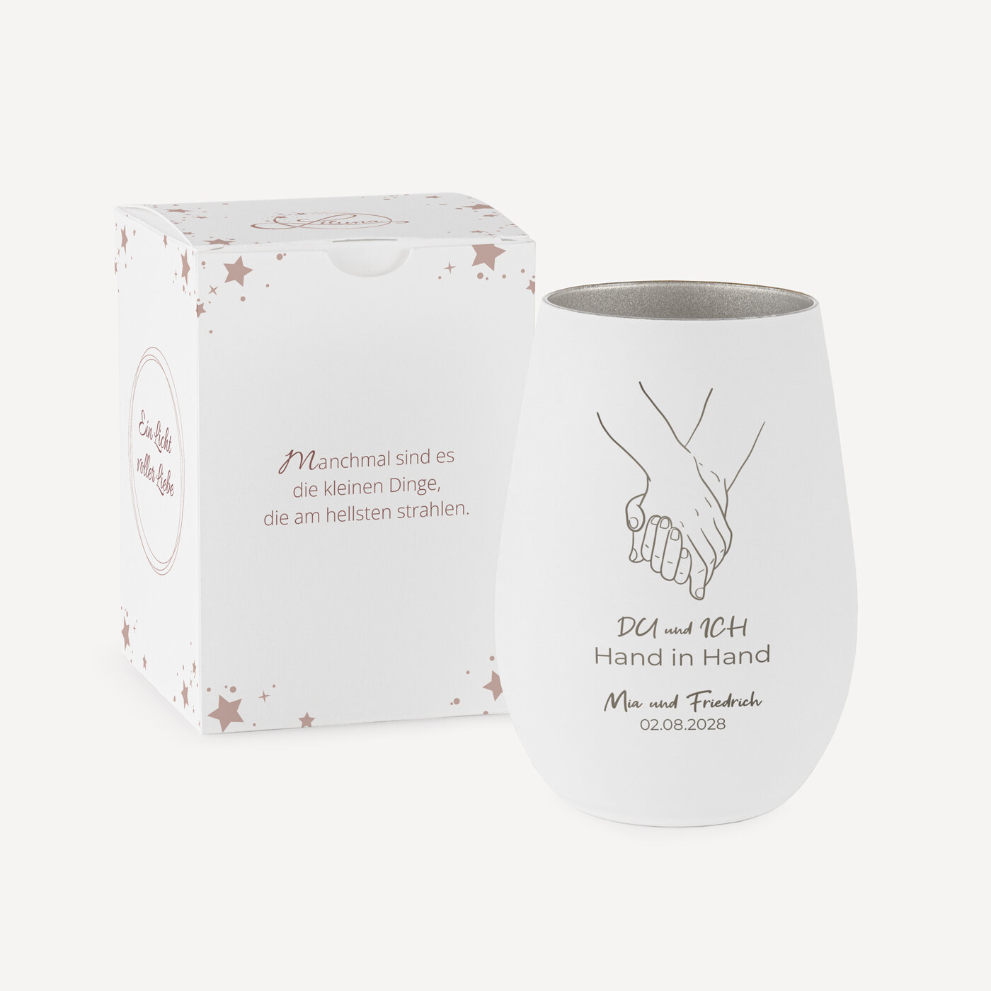 Windlicht Hochzeit mit Gravur "Hand in Hand" weiß-silber
