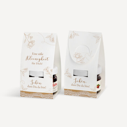 Geschenktäschchen mit Erdbeer Konfitüre "Rustikale Spitze" Eine süße Kleinigkeit