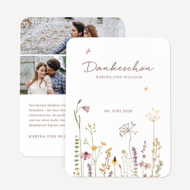 Dankeskarte Hochzeit runde Ecken "Wildromantische Blüten"