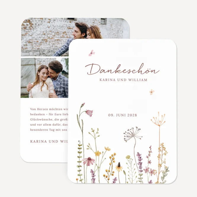 Dankeskarte Hochzeit runde Ecken "Wildromantische...