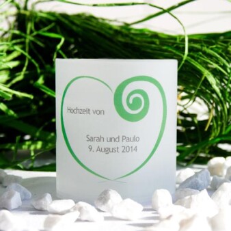 Tischkarte Hochzeit Windlicht Simply Love Grün inkl. Personalisierung & Maxi Teelicht