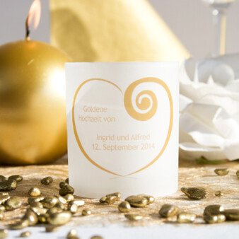 Tischkarte Hochzeit Windlicht Simply Love Gold inkl. Personalisierung & Maxi Teelicht