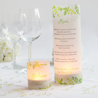 Tischkarte Windlicht Hochzeit grüne Ranken inkl. Personalisierung & Maxi Teelicht