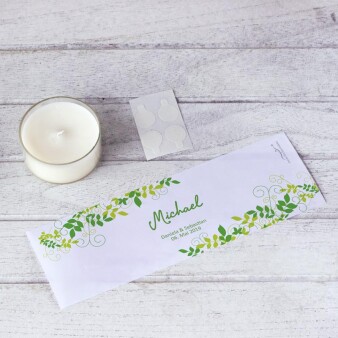 Tischkarte Windlicht Hochzeit grüne Ranken inkl. Personalisierung & Maxi Teelicht